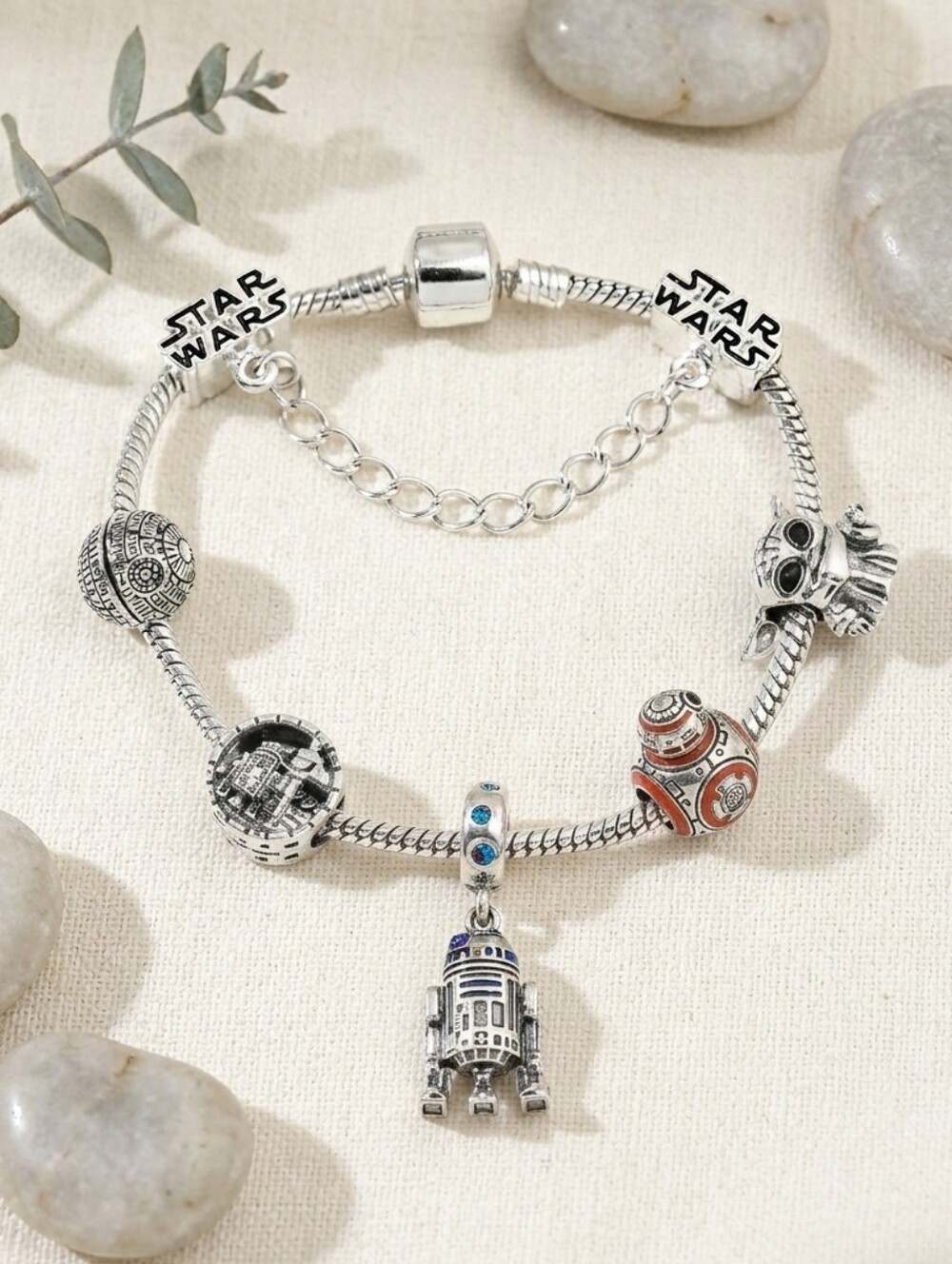 Star Wars Pandora Style Charm Bracelet R2D2 BB8 Grogu Silver Tone